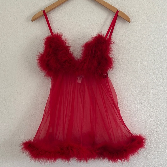 Vintage Shirley Of Hollywood Red Sheer Feather Babydoll Lingerie OSFM Fairy Sexy - Picture 9 of 9